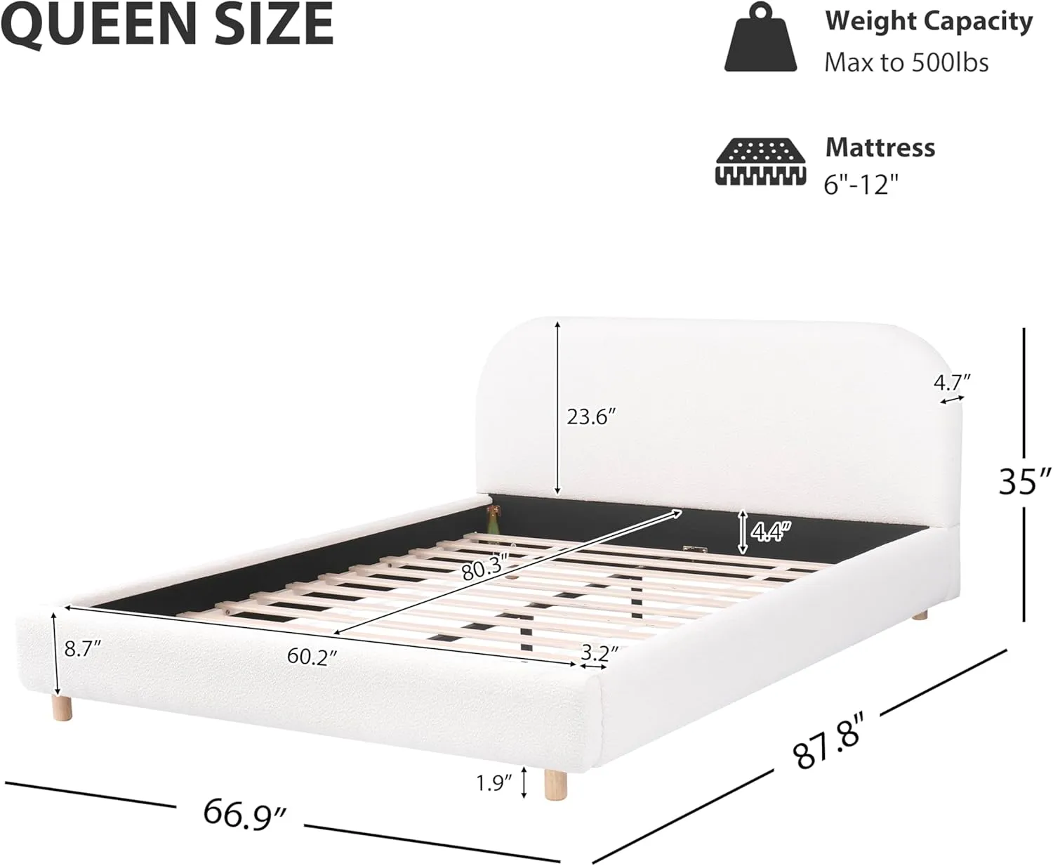 Queen Size Boucle Platform Bed with Curve Shaped Headboard, Fabric Upholstered Platform Bed Frame with Wooden Slats Support, No Box Spring Needed, Easy Assembly, White