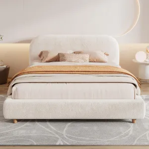 Queen Size Boucle Platform Bed with Curve Shaped Headboard, Fabric Upholstered Platform Bed Frame with Wooden Slats Support, No Box Spring Needed, Easy Assembly, White