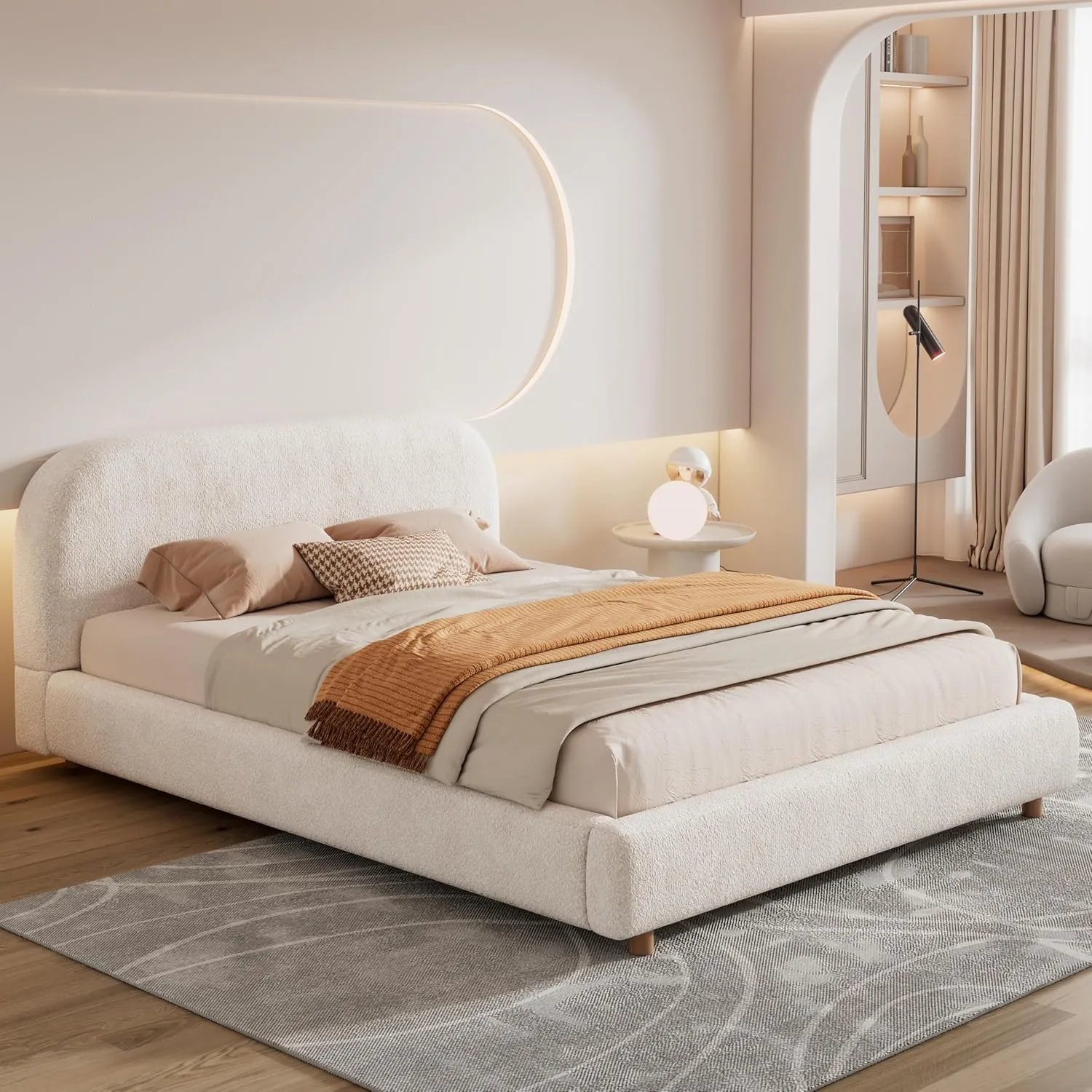 Queen Size Boucle Platform Bed with Curve Shaped Headboard, Fabric Upholstered Platform Bed Frame with Wooden Slats Support, No Box Spring Needed, Easy Assembly, White