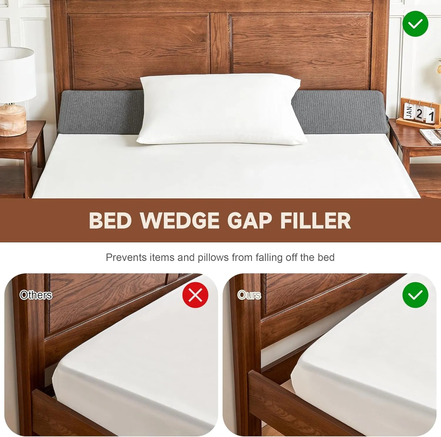 Queen Size(60"x6"x10") Bed Wedge Pillow for Headboard, Mattress Gap Filler(0-8"), Bed Wedge for Gap Between Your Headboard and Mattress Dark Grey