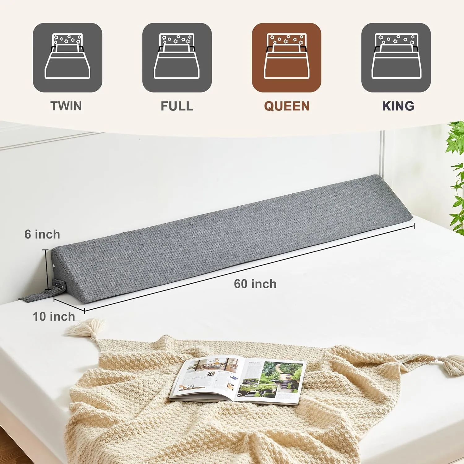 Queen Size(60"x6"x10") Bed Wedge Pillow for Headboard, Mattress Gap Filler(0-8"), Bed Wedge for Gap Between Your Headboard and Mattress Dark Grey