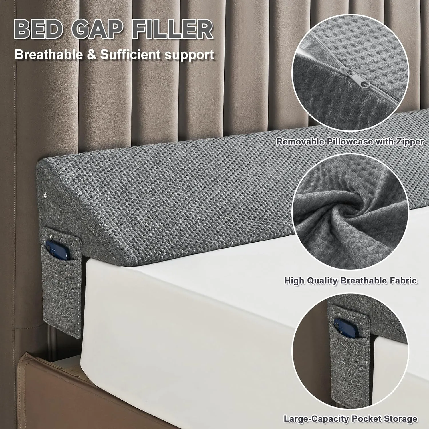 Queen Size(60"x6"x10") Bed Wedge Pillow for Headboard, Mattress Gap Filler(0-8"), Bed Wedge for Gap Between Your Headboard and Mattress Dark Grey