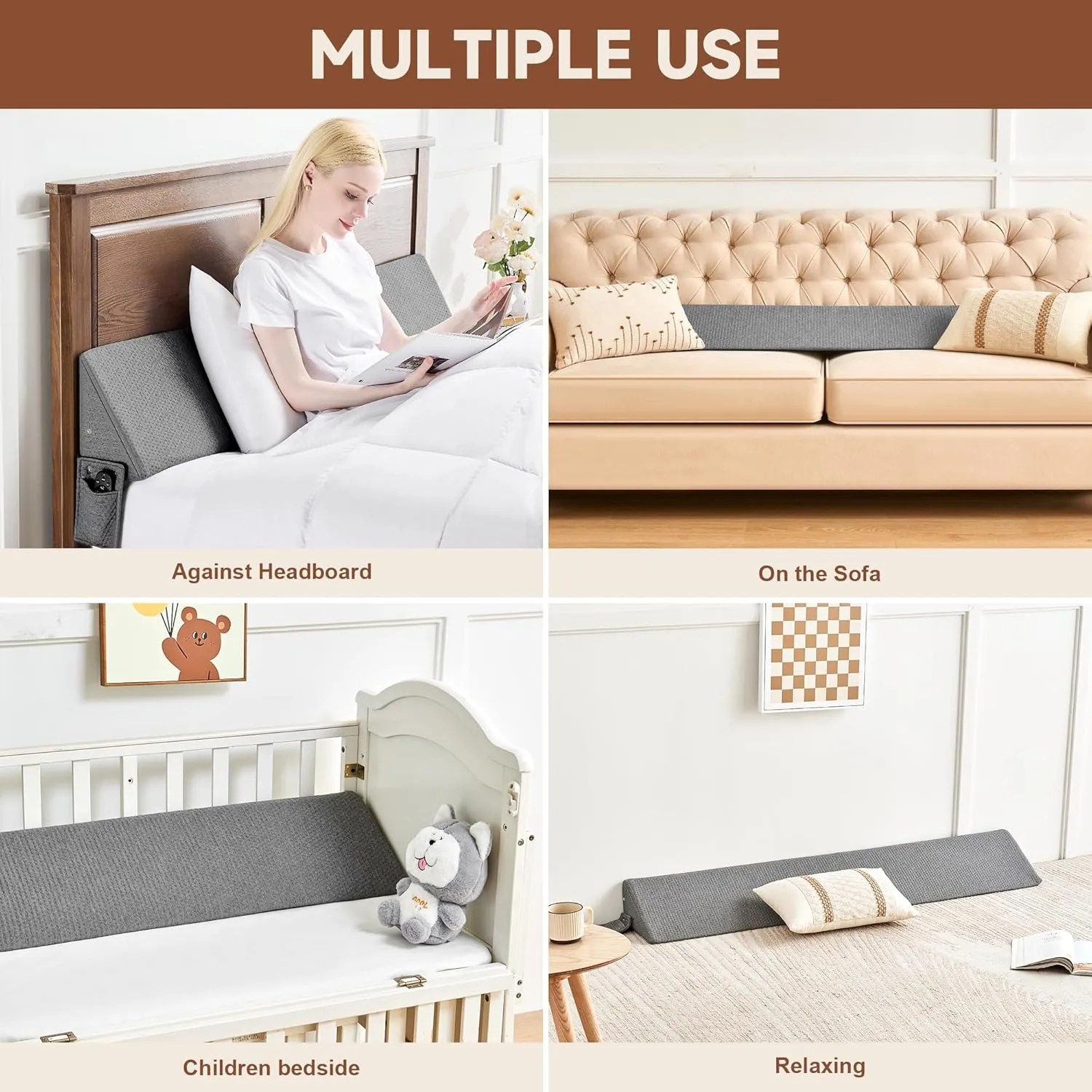 Queen Size(60"x6"x10") Bed Wedge Pillow for Headboard, Mattress Gap Filler(0-8"), Bed Wedge for Gap Between Your Headboard and Mattress Dark Grey