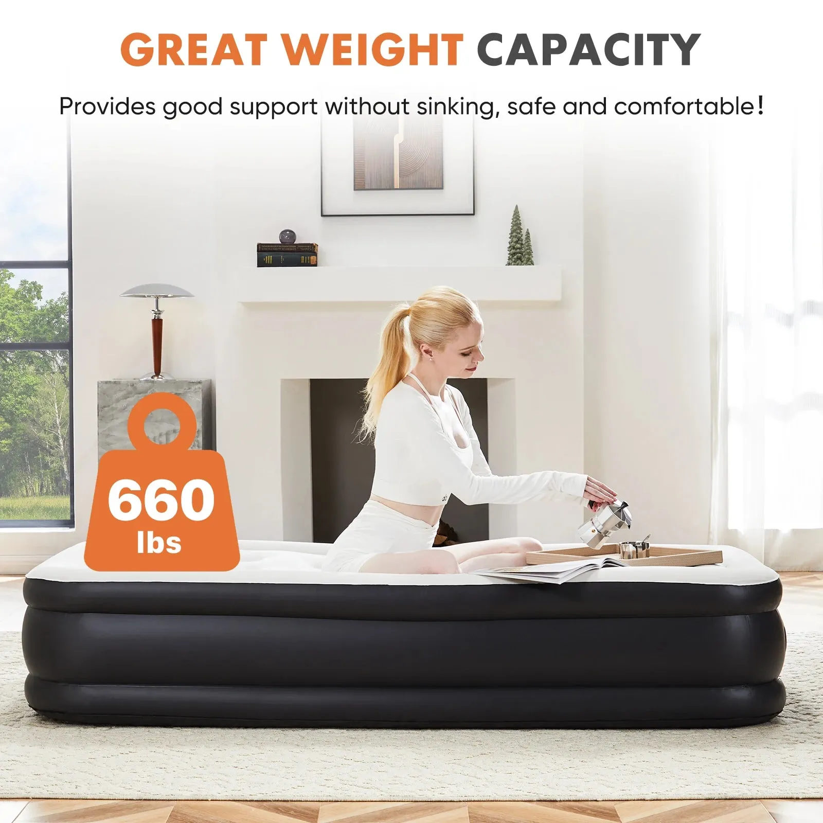 Queen Twin Size Air Mattress Blow Up Double Height Non-Slip Bottom  for Bedroom, Home or Camping Weight Capacity 660 lbs.