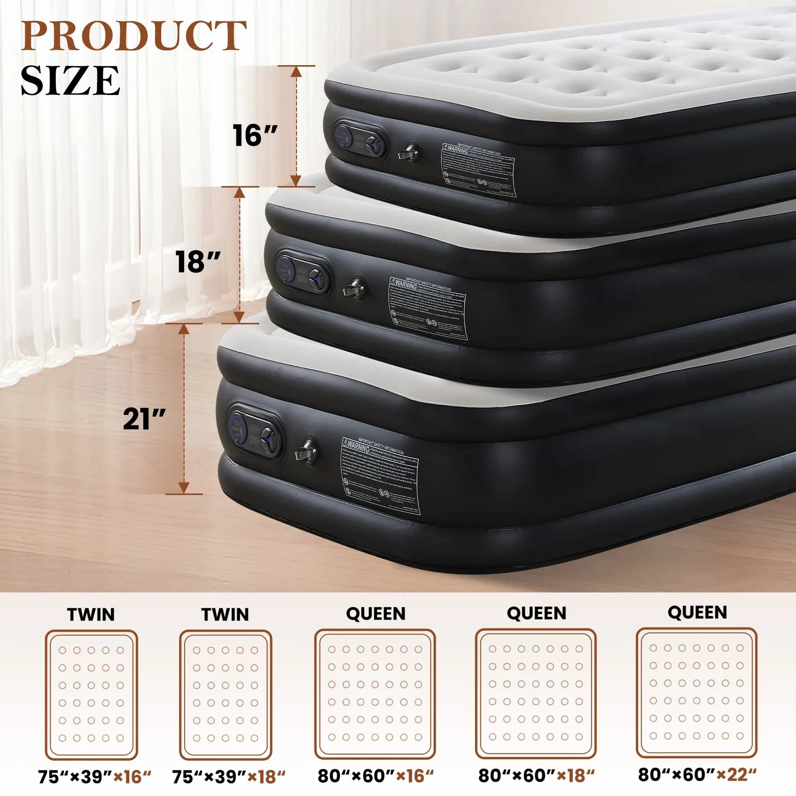 Queen Twin Size Air Mattress Blow Up Double Height Non-Slip Bottom  for Bedroom, Home or Camping Weight Capacity 660 lbs.