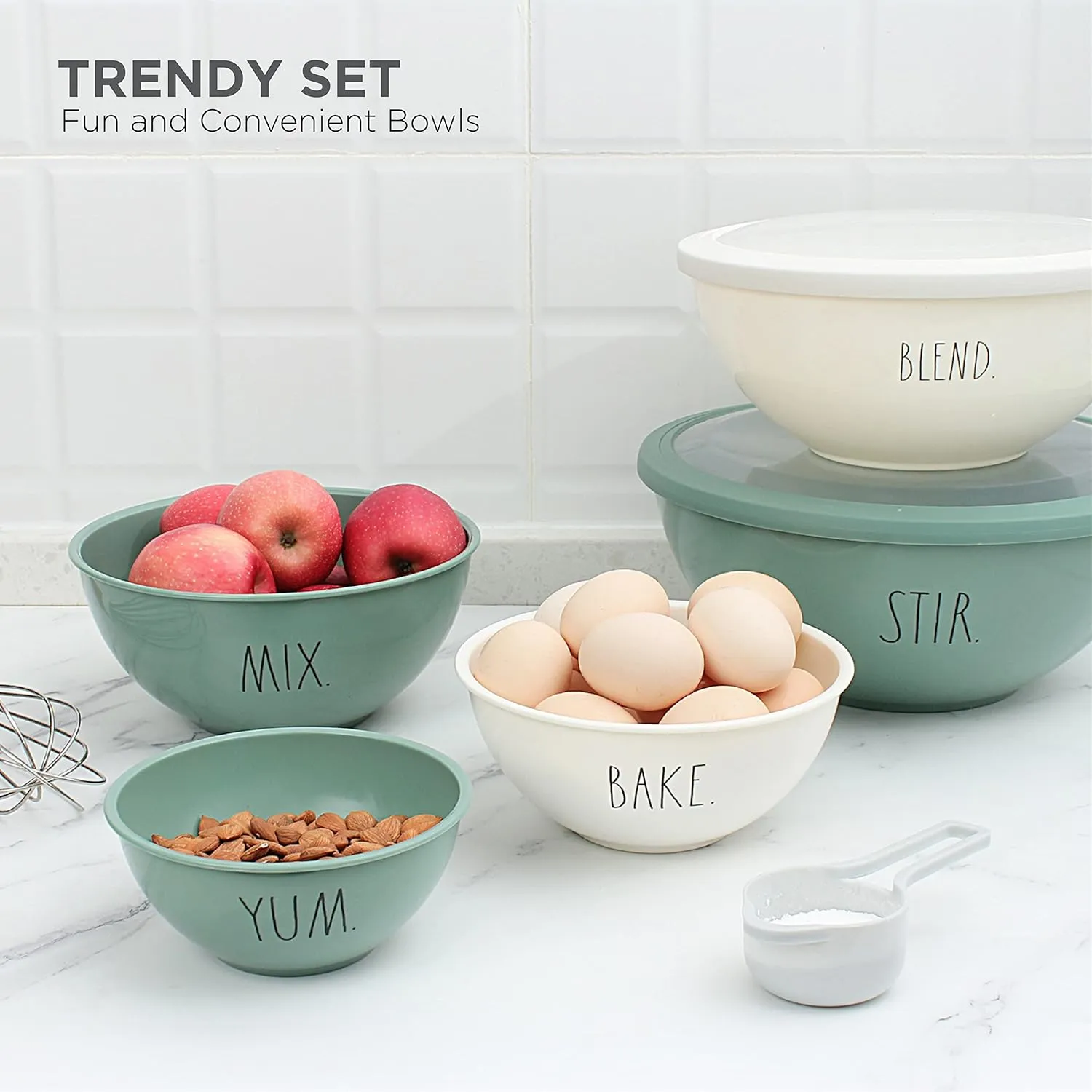 Rae Dunn Mixing Bowls with Lids - 10 Piece Plastic Nesting Bowls Set includes 5 Prep Bowls and 5 Lids (Sage)