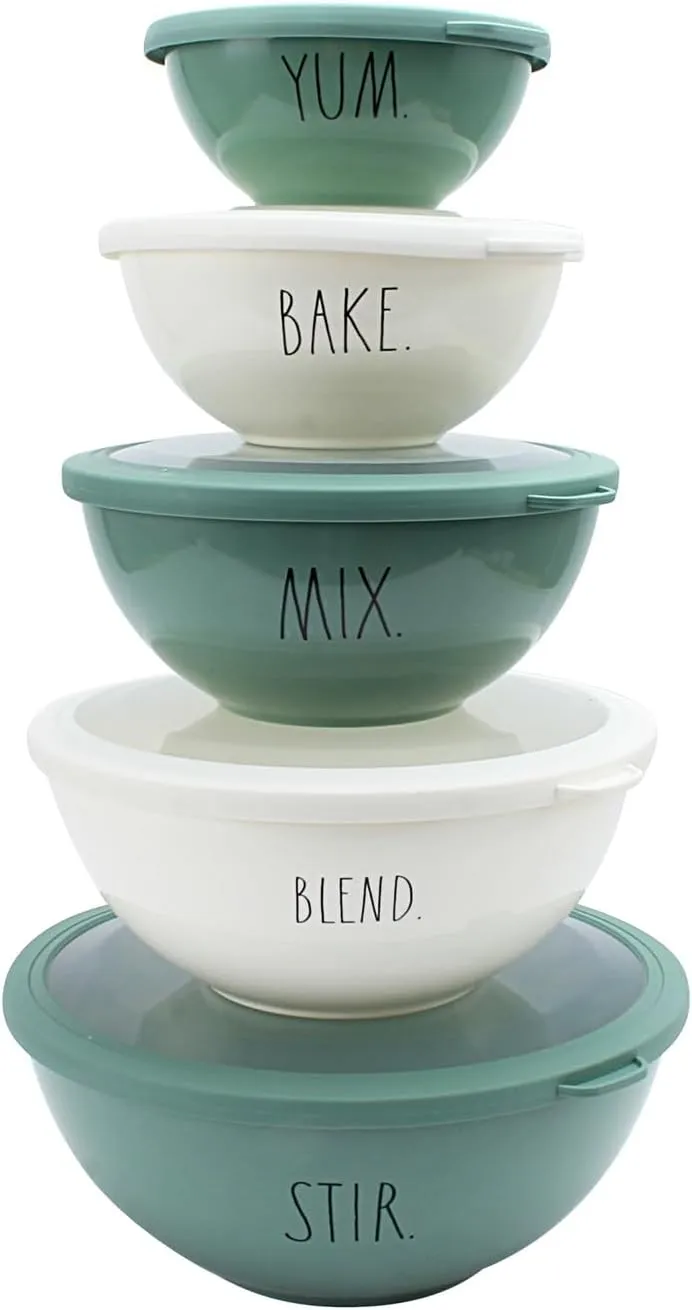 Rae Dunn Mixing Bowls with Lids - 10 Piece Plastic Nesting Bowls Set includes 5 Prep Bowls and 5 Lids (Sage)