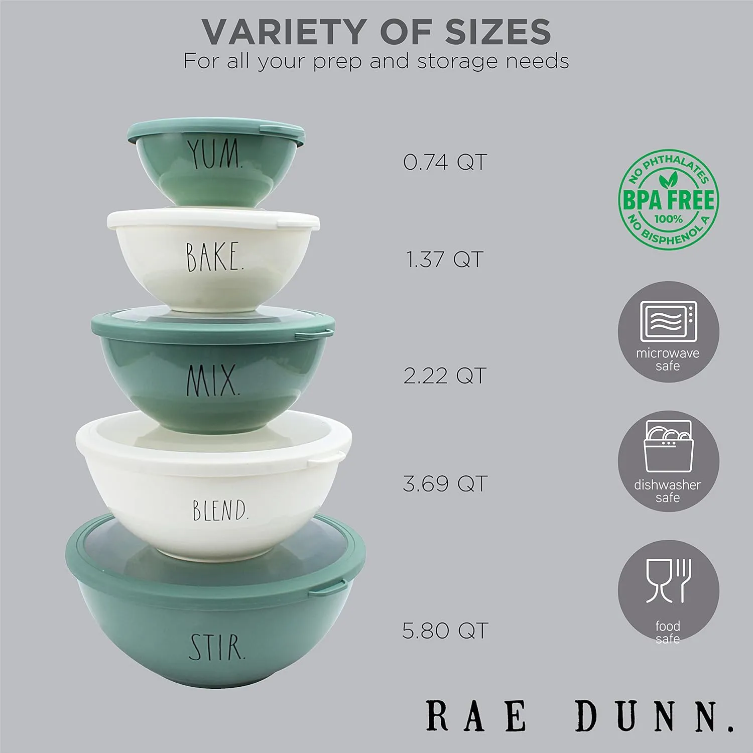 Rae Dunn Mixing Bowls with Lids - 10 Piece Plastic Nesting Bowls Set includes 5 Prep Bowls and 5 Lids (Sage)
