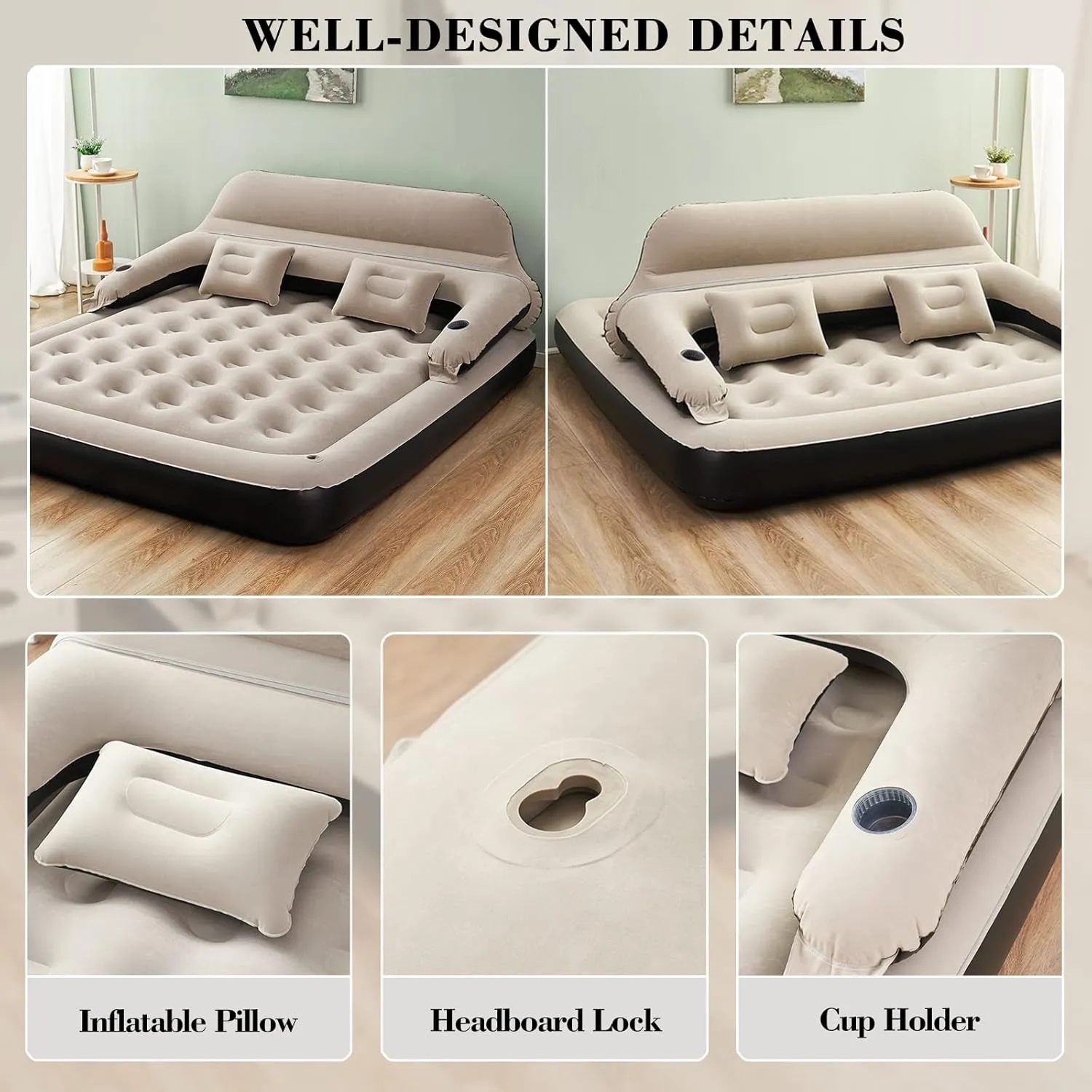 RAPTAVIS Queen Size Air Mattress Sofa Bed with Headboard and Pillow, Inflatable Bed for Outdoor Overnight