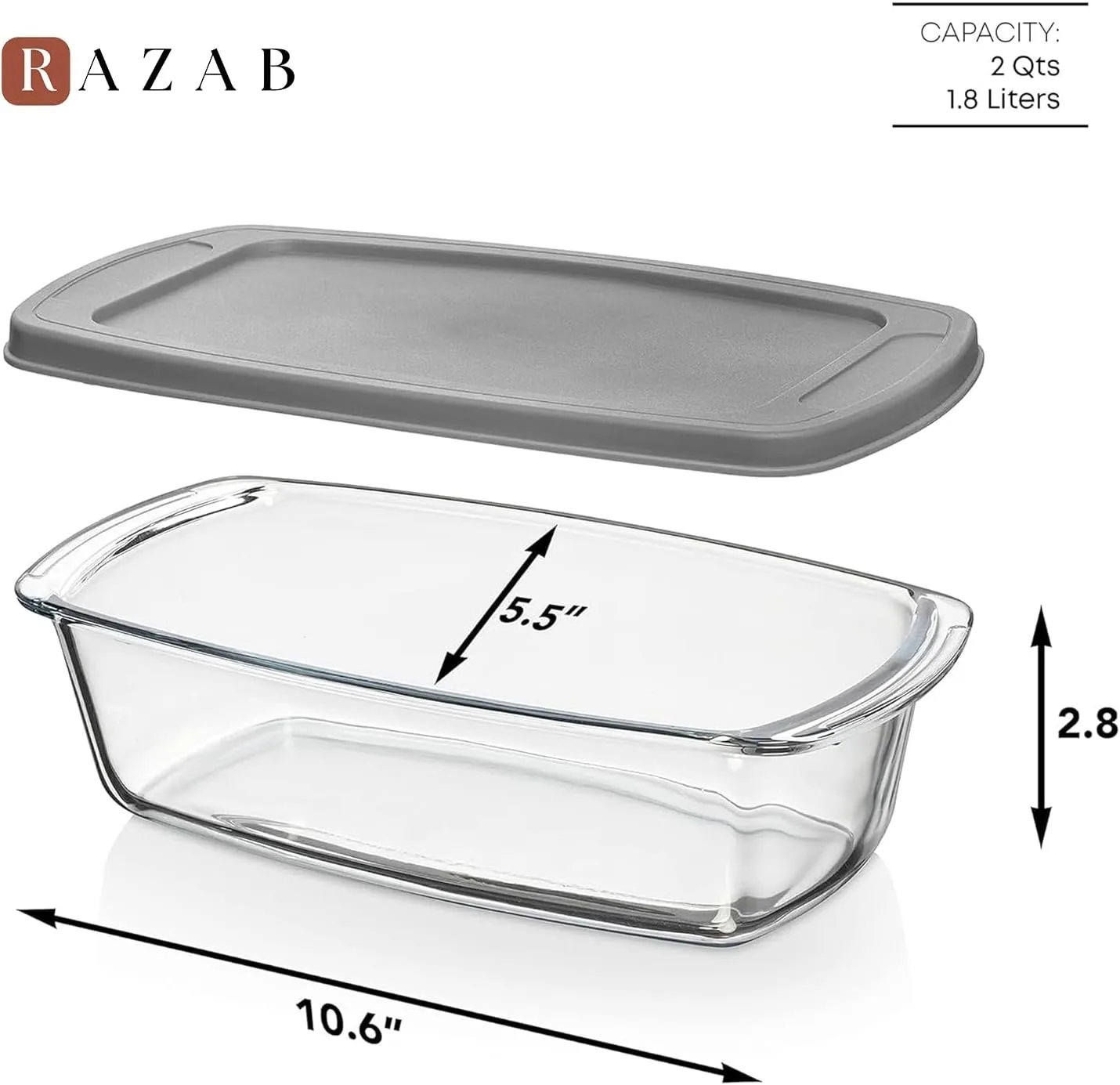 Razab LARGE 7.6 Cups/1800 ML/1.9 Qt Glass Loaf Pan with Lids - Meatloaf Pan BPA free Airtight Lids Grip Handle Easy Carry, Microwave and Oven Safe - Loaf Pans For Baking Bread, Cakes, Glass Loaf Pan