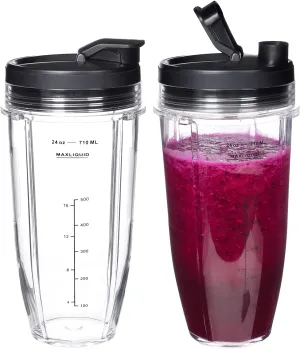 Replacement 24oz Blender Cup For Ninja BN401 BN751 BN801 BN800 BL450 BL456 BL480 Foodi SS401 SS101 TWISTi SS151 SS351 Cups Nutri Ninja Auto IQ Parts Lids Upgraded (2 Pack)