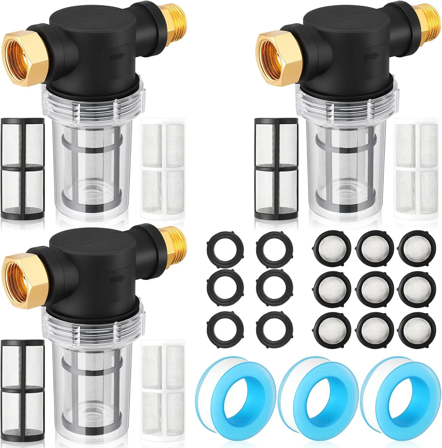 Retisee Washing Machine Water Filter Water Hose Filter Sediment Filter Inline Water Filter for Hose Garden Hose Filter Pressure Washer Filter with 40 Mesh 100 Mesh Screen(3 Sets)