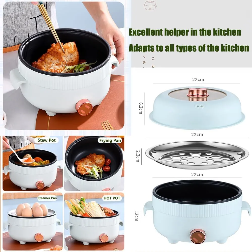 RHD Electric Hot Pot 2.2L with Steamer, Portable Non-Stick Frying Pan, Portable Travel Cooker for Ramen/Steak/Fondue/Soup for Dorm/Camping/Home, Dual Power Control, Over-Heating Protection, Khaki