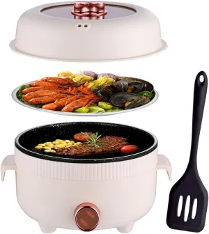 RHD Electric Hot Pot 2.2L with Steamer, Portable Non-Stick Frying Pan, Portable Travel Cooker for Ramen/Steak/Fondue/Soup for Dorm/Camping/Home, Dual Power Control, Over-Heating Protection, Khaki