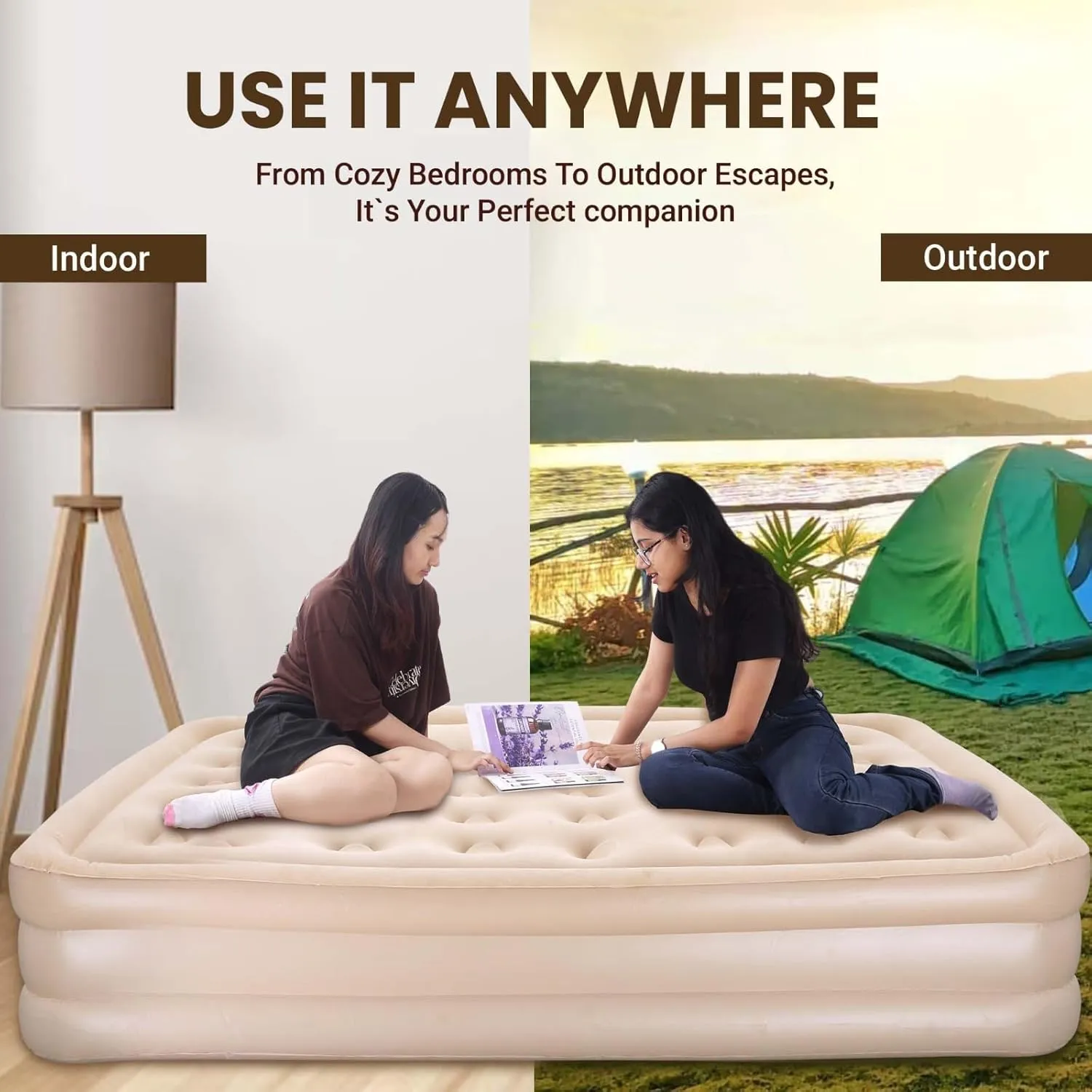 Robustt Air Bed, Inflatable Mattress W/Built-in Electric Pump (200 x 150 x 40 cms) Double Queen Size 3 Mins Quick Self-Inflation Blow Up Bed, Guest Air Mattress for Home Travel