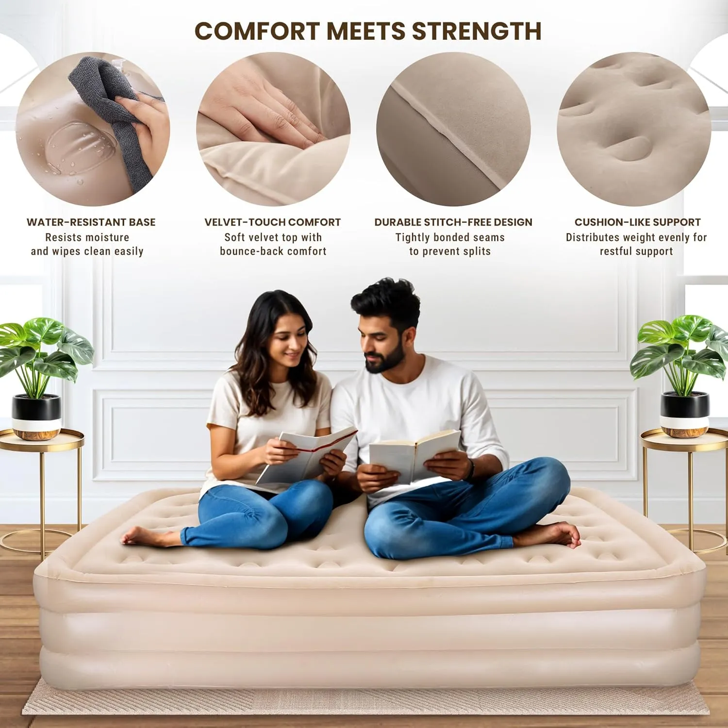 Robustt Air Bed, Inflatable Mattress W/Built-in Electric Pump (200 x 150 x 40 cms) Double Queen Size 3 Mins Quick Self-Inflation Blow Up Bed, Guest Air Mattress for Home Travel