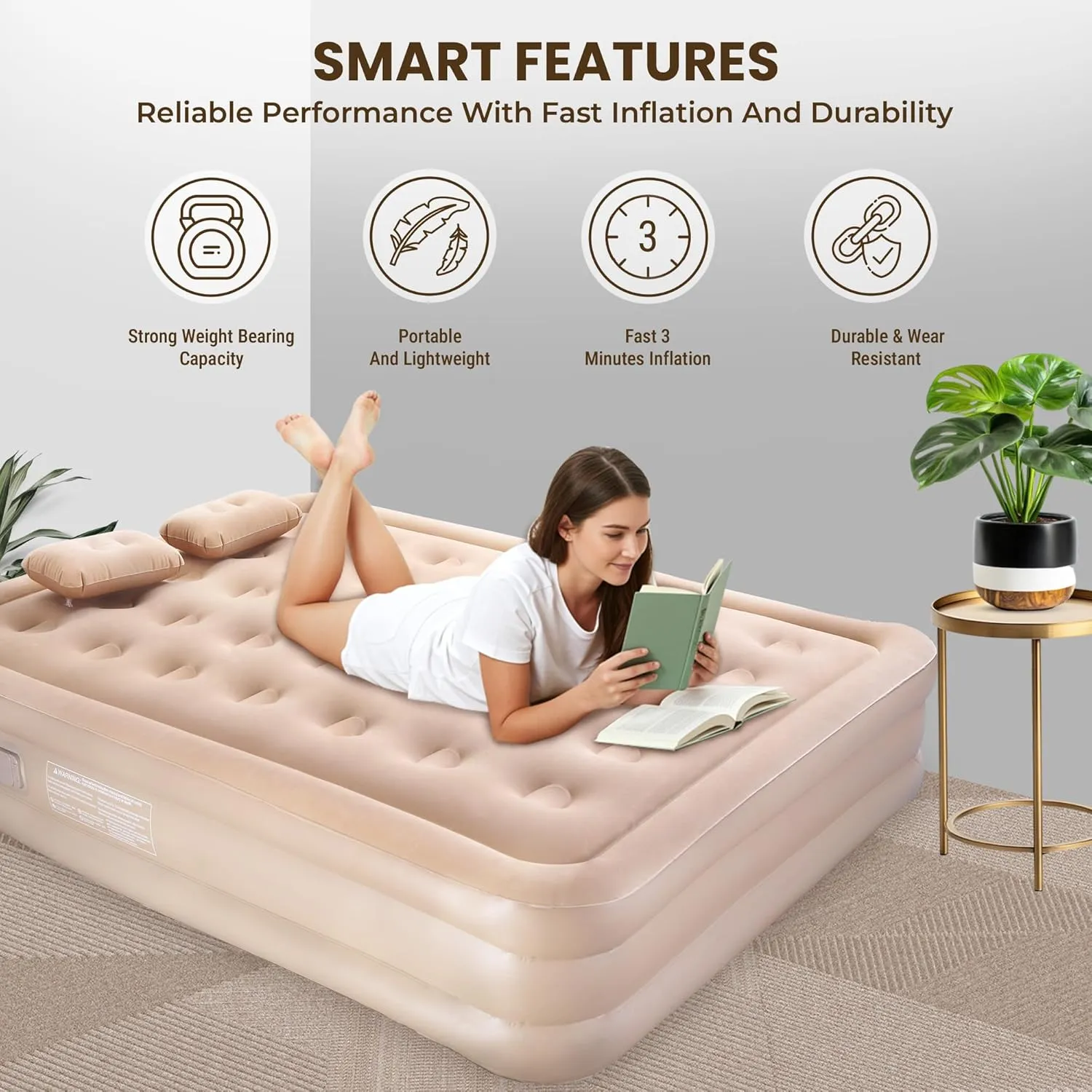 Robustt Air Bed, Inflatable Mattress W/Built-in Electric Pump (200 x 150 x 40 cms) Double Queen Size 3 Mins Quick Self-Inflation Blow Up Bed, Guest Air Mattress for Home Travel
