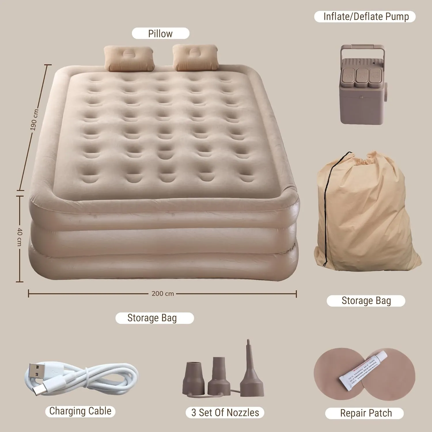 Robustt Air Bed, Inflatable Mattress W/Built-in Electric Pump (200 x 150 x 40 cms) Double Queen Size 3 Mins Quick Self-Inflation Blow Up Bed, Guest Air Mattress for Home Travel