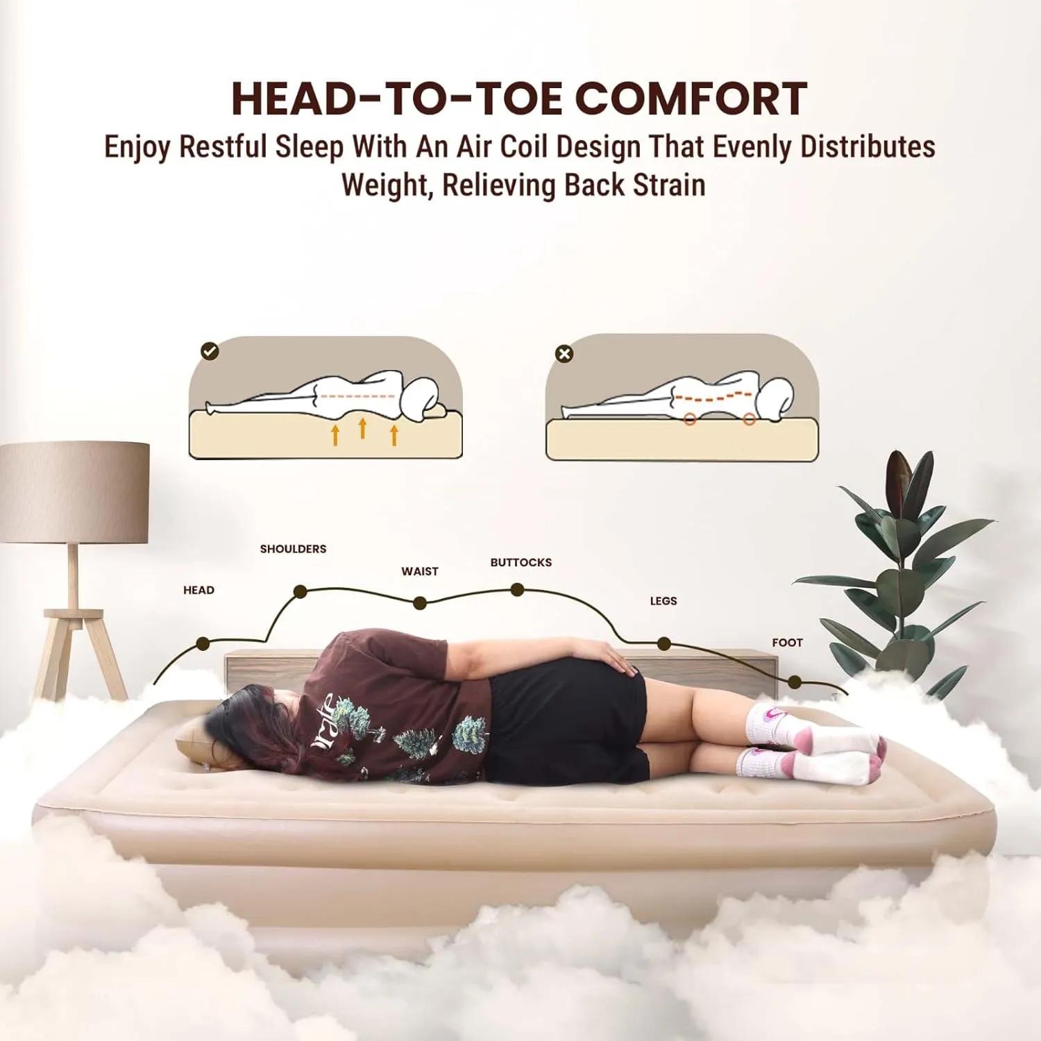 Robustt Air Bed, Inflatable Mattress W/Built-in Electric Pump (200 x 150 x 40 cms) Double Queen Size 3 Mins Quick Self-Inflation Blow Up Bed, Guest Air Mattress for Home Travel