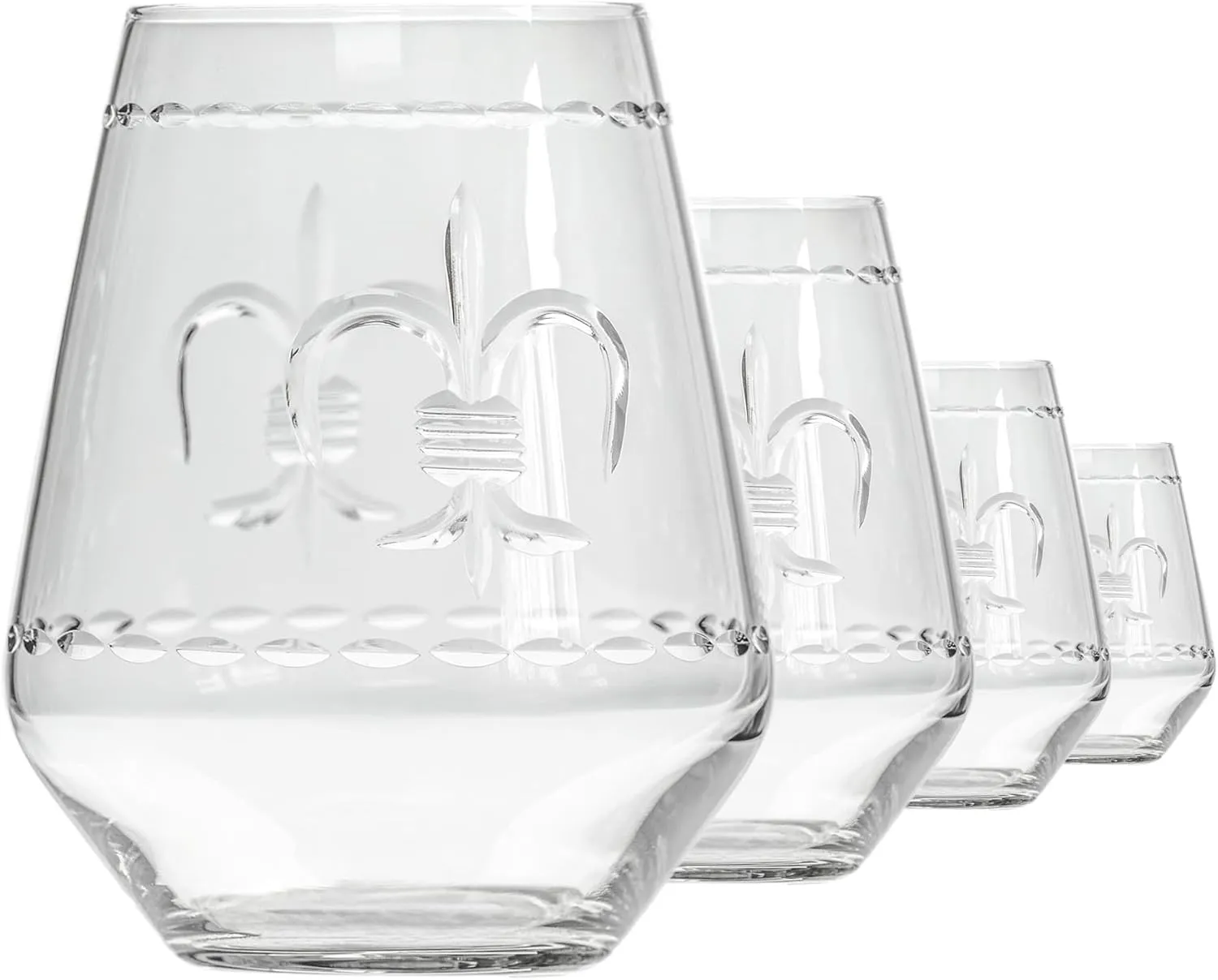 Rolf Glass Fleur De Lis Stemless Wine Tumbler 18 ounce - Stemless Wine Glasses - Lead-Free Glass - Etched Tumbler Glasses - Proudly Made in the USA (Set of 4)