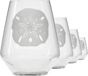 Rolf Glass Sand Dollar Stemless Wine Glass | 17 ounce Stemless Wine Glasses | Set of 4 | Lead-Free Etched Crystal Tumbler Glasses | Made in the USA