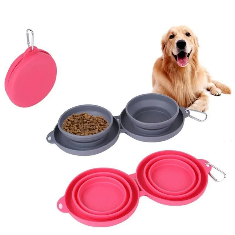 Rubber Foldable Double Bowl Pet Feeding Bowl For Dogs