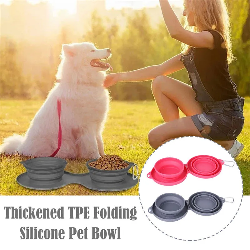 Rubber Foldable Double Bowl Pet Feeding Bowl For Dogs