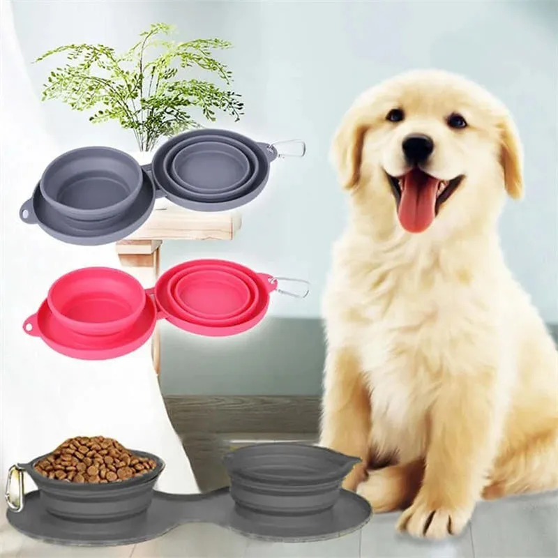 Rubber Foldable Double Bowl Pet Feeding Bowl For Dogs