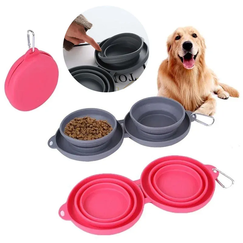 Rubber Foldable Double Bowl Pet Feeding Bowl For Dogs