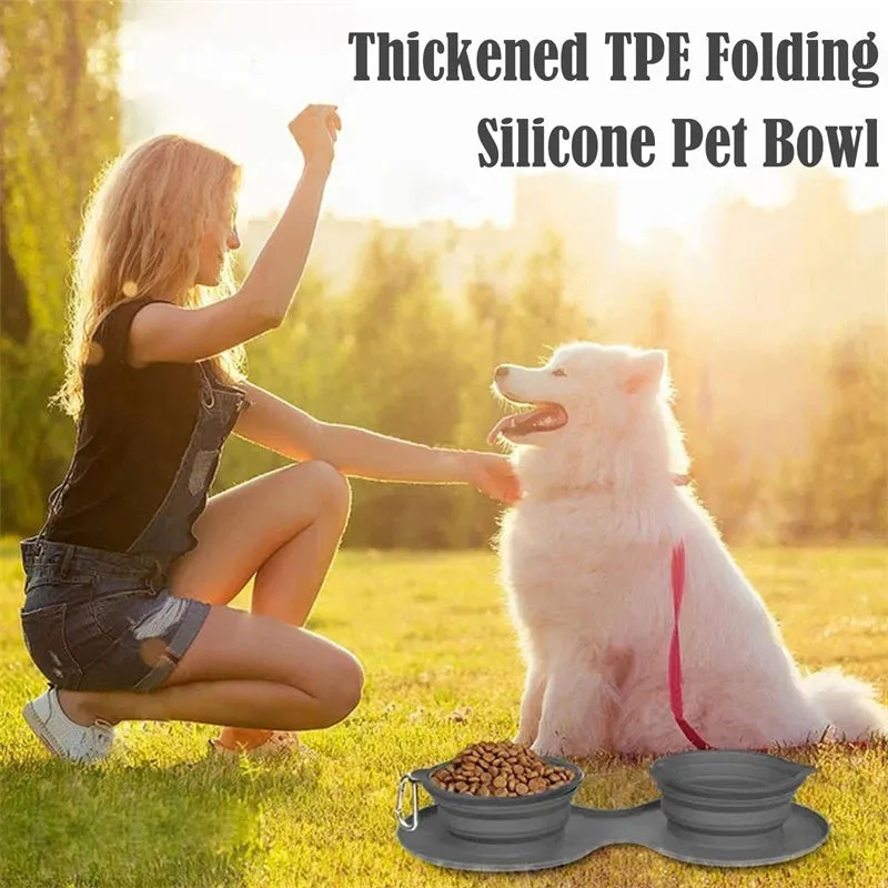Rubber Foldable Double Bowl Pet Feeding Bowl For Dogs