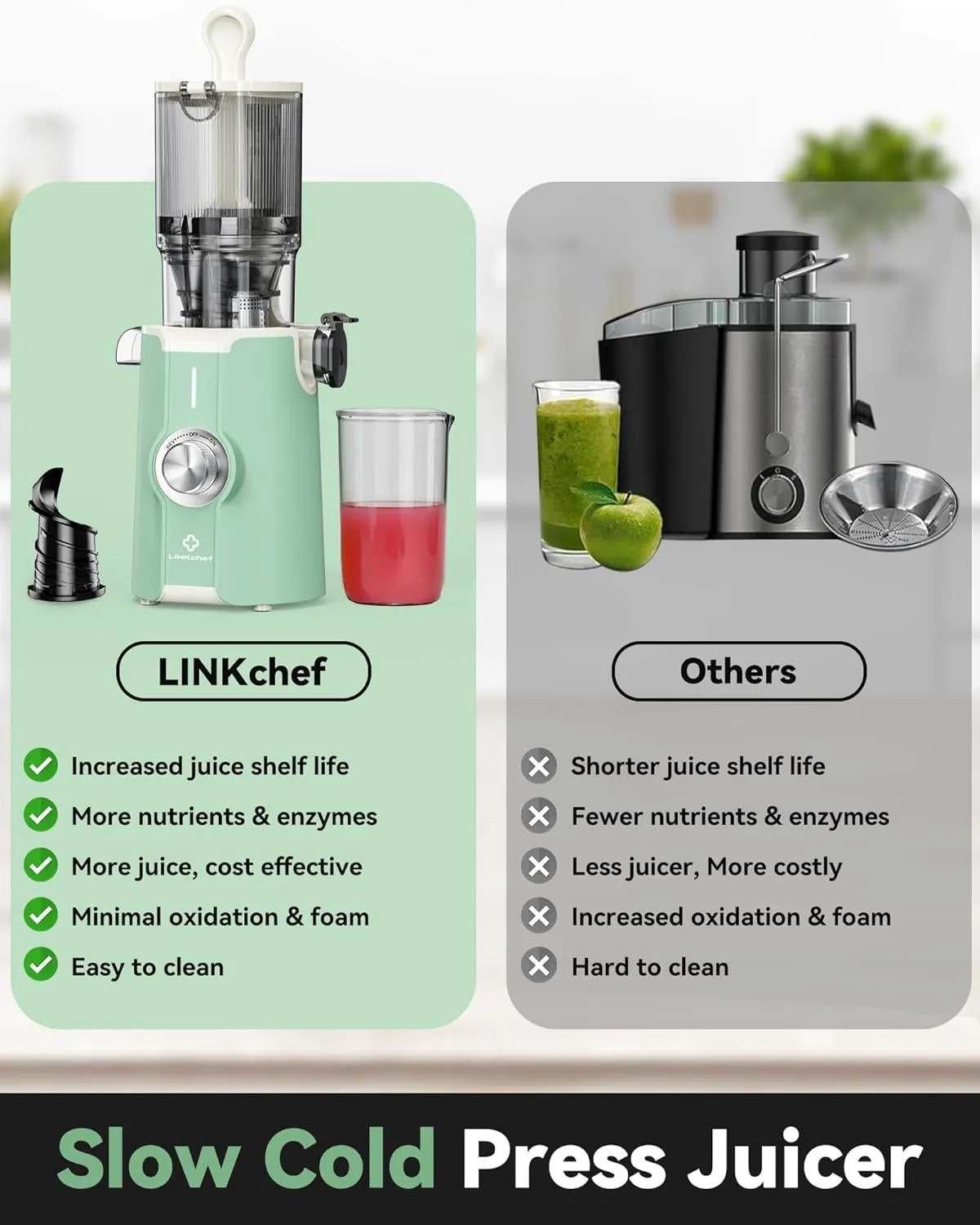 Rush Clear Cold Press Juicer, Slow Juicer Machines with No-Prep 4.35"Feed Chute Fit Whole Fruits & Vegetables, LINKChef Juicer Machines Easy to Clean, 42oz Capacity, 200w, Light Green