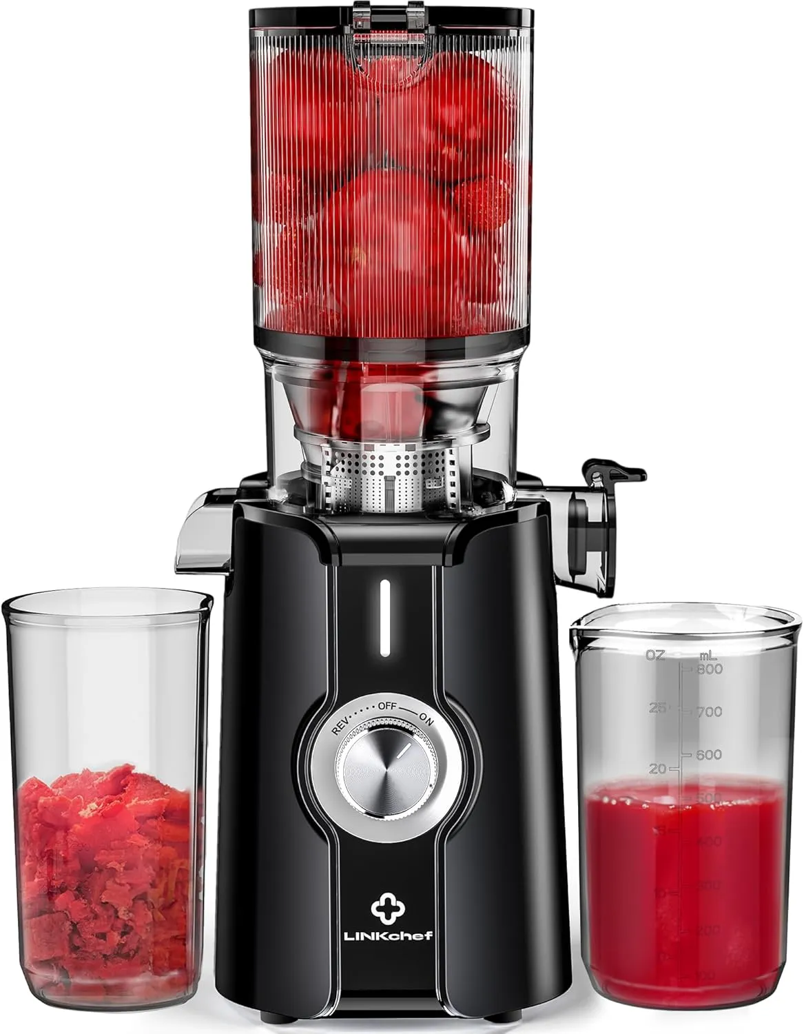 Rush Clear Slow Masticating Juicer Machines, Cold Press Juicer with No-Prep 4.35" Feed Chute Fit Whole Fruits & Vegetables Juicer Machine Easy to Clean, LINKChef 42oz Capacity, 200w, Blackout
