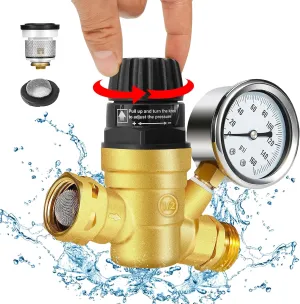 RV Water Pressure Regulator with Gauge,0-160psi Glycerin Liquid Filled Pressure Regulator Thicker Lead-free BrassKnob Valve Body,Knob Adjustment Water Pressure Gauge Regulator for RV Camper
