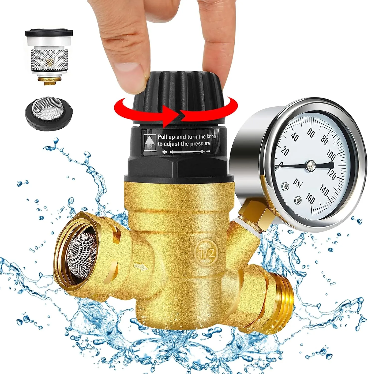 RV Water Pressure Regulator with Gauge,0-160psi Glycerin Liquid Filled Pressure Regulator Thicker Lead-free BrassKnob Valve Body,Knob Adjustment Water Pressure Gauge Regulator for RV Camper