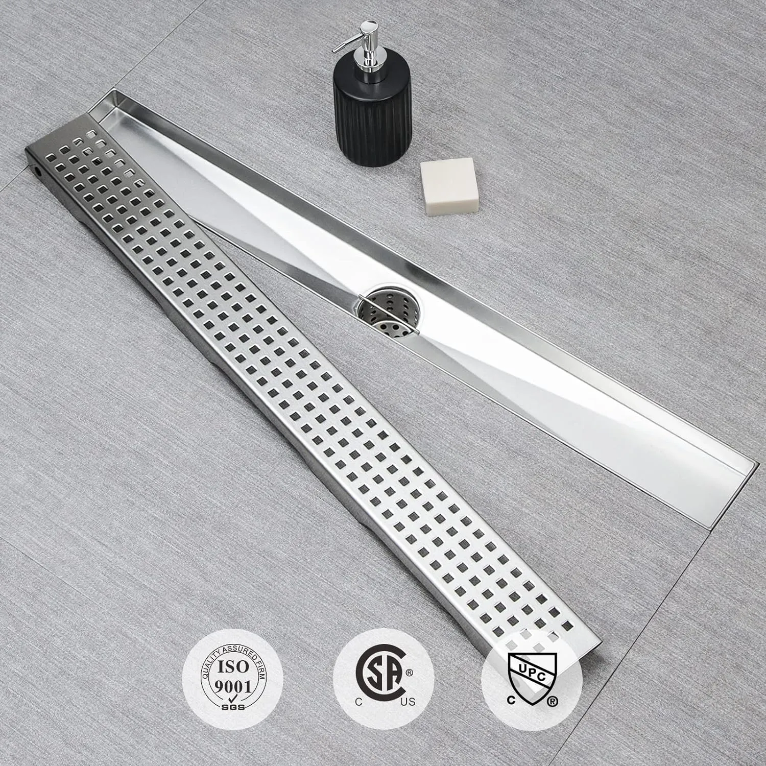 SaniteModar Linear Shower Drain, Shower Drain 18 inch with Removable Grate, Brushed 304 Stainless Steel Linear Drain Include Hair Strainer,Adjustable Leveling Feet