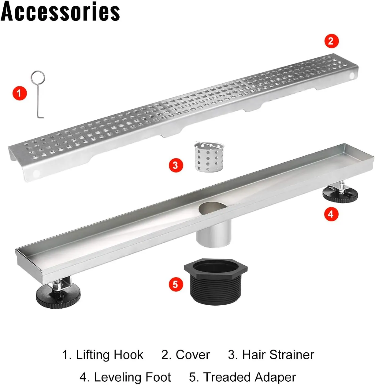 SaniteModar Linear Shower Drain, Shower Drain 18 inch with Removable Grate, Brushed 304 Stainless Steel Linear Drain Include Hair Strainer,Adjustable Leveling Feet