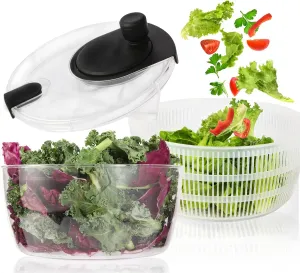 Santozz Rotary Salad Spinner with Bowl 4.2Qt, Lettuce Dryer, Vegetable Washer, Colander and Build in Draining System for Washing, Draining Vegetables, Greens and Fruits