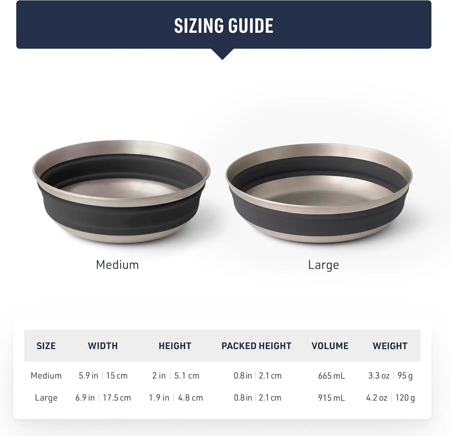 Sea to Summit Detour Stainless Steel Collapsible Bowl, Large (31 fl oz), Beluga Black