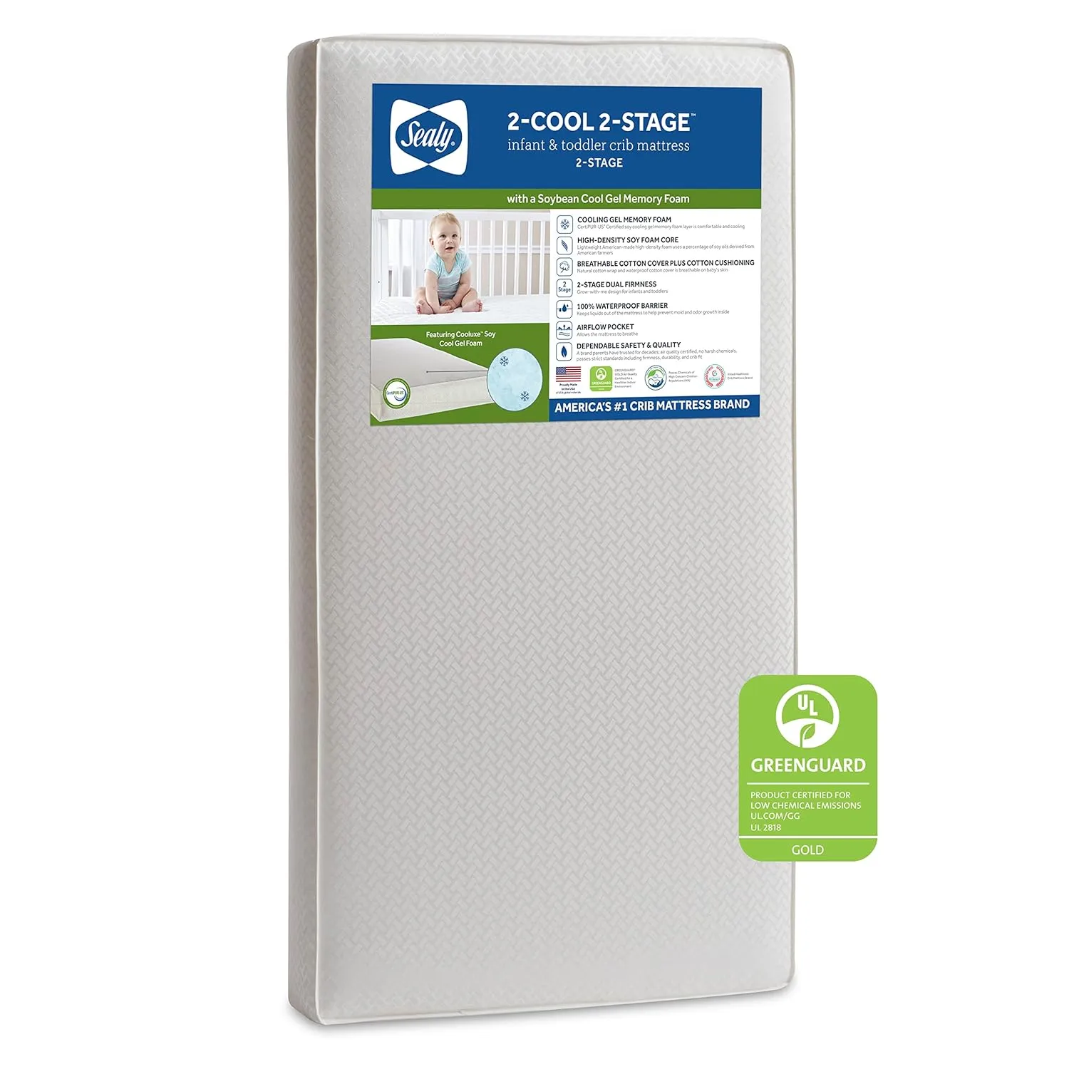 Sealy Baby 2 Cool 2 Stage Waterproof Crib Mattress plus Toddler Bed Fit, Premium Extra Firm Cooling Foam, Non Toxic, GREENGUARD Gold Certified, Safety & Quality Tested, Made in USA, 52"X28"