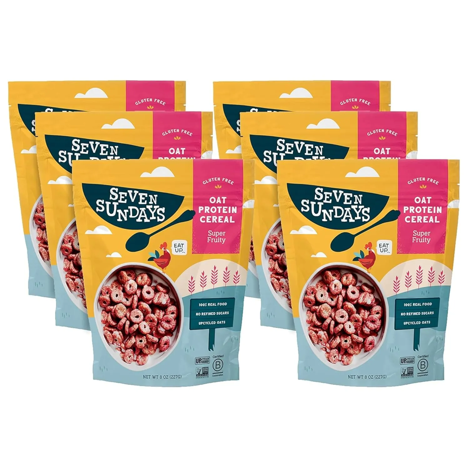Seven Sundays Oat Protein Cereal, Super Fruity, 8 Oz Bag (Pack of 6), Gluten Free, 5g Upcycled Protein, 0g Refined Sugar, Crunchy Sweet Snack