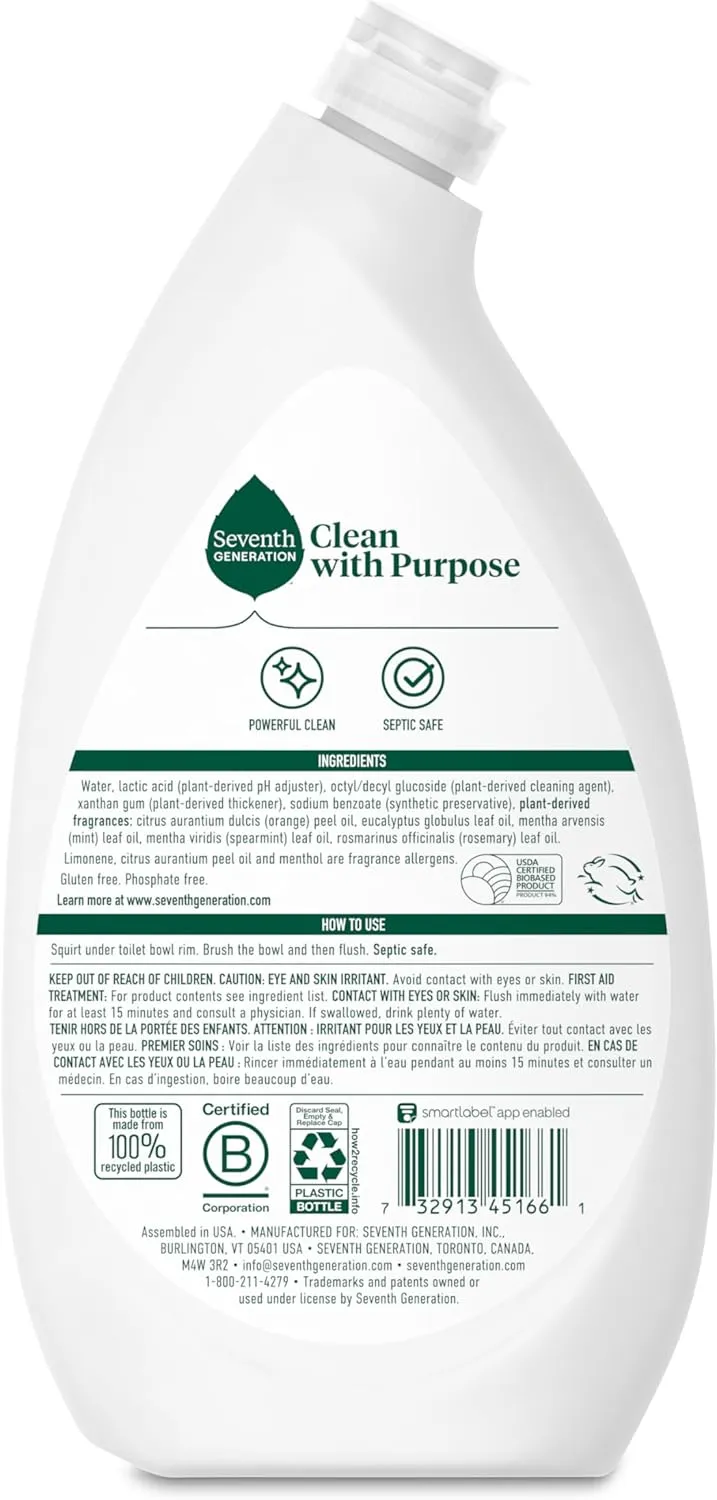 Seventh Generation Toilet Bowl Cleaner Fresh Mint scent 4 Pack Without Chlorine Bleach Ammonia Free 24 oz