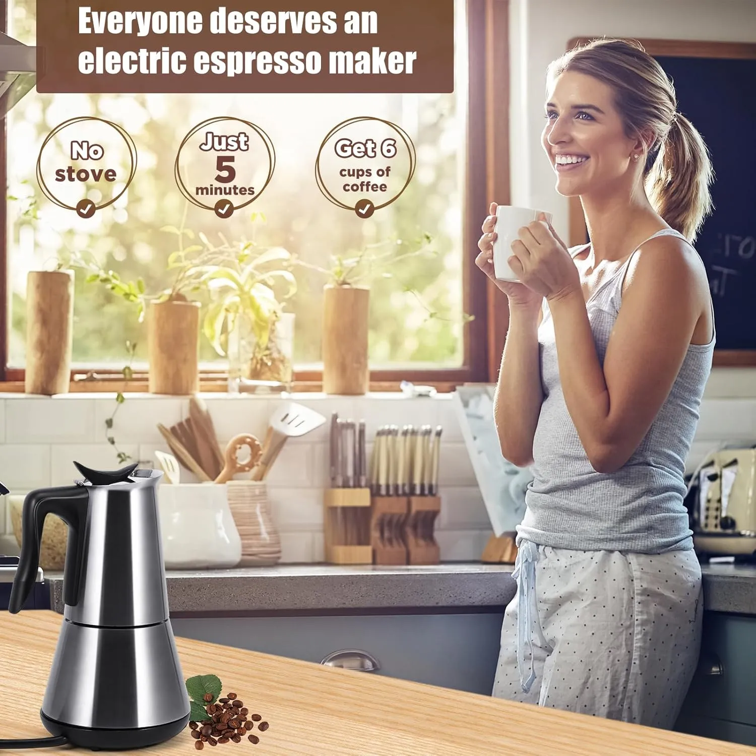 SHANGSKY Electric Coffee Pot Espresso Maker, 6 Cup Espresso Coffee Pot Stainless Steel Italian Moka Pot, Cafeteras Electricas Coffee Machine Fast Brewing Mocha Pot