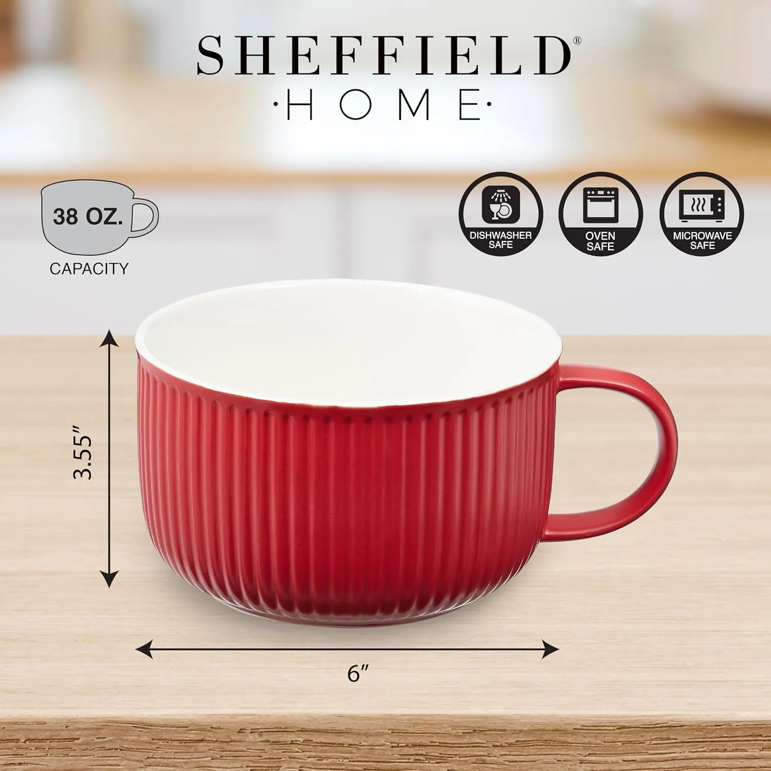 Sheffield Home 38Oz Stoneware Soup Bowl with Handle - 6 Inch Dishwasher & Microwave Safe Extra Large Soup Bowls - Soup Mug Great for Cereal, Oatmeal, Gumbo & Salad (Red)