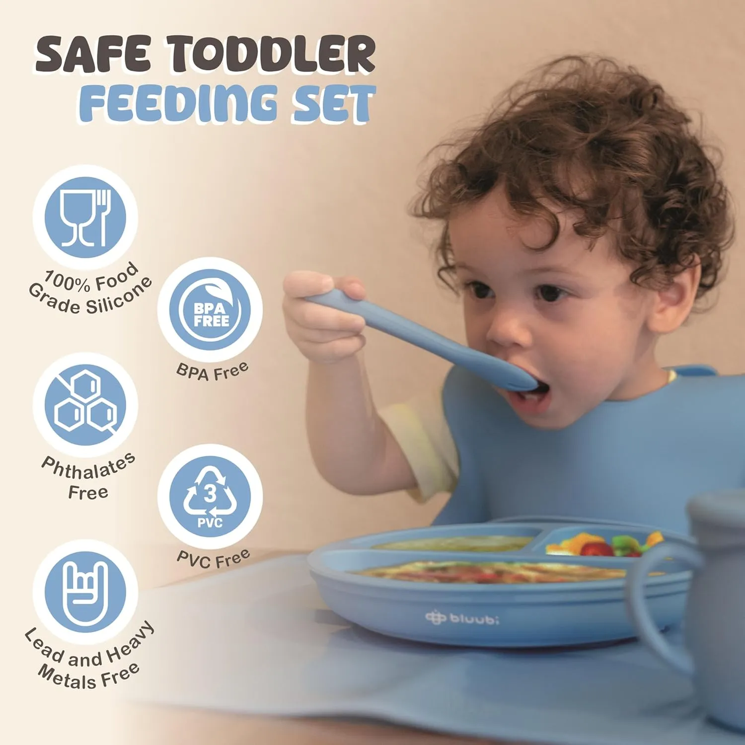 Silicone Baby Feeding Set - Infant Tableware for First Foods & Baby, Led Weaning (0  Months), Easy to Clean, Durable, Perfect for Baby Boy or Girl, Solid Feeding - Blue - Deluxe