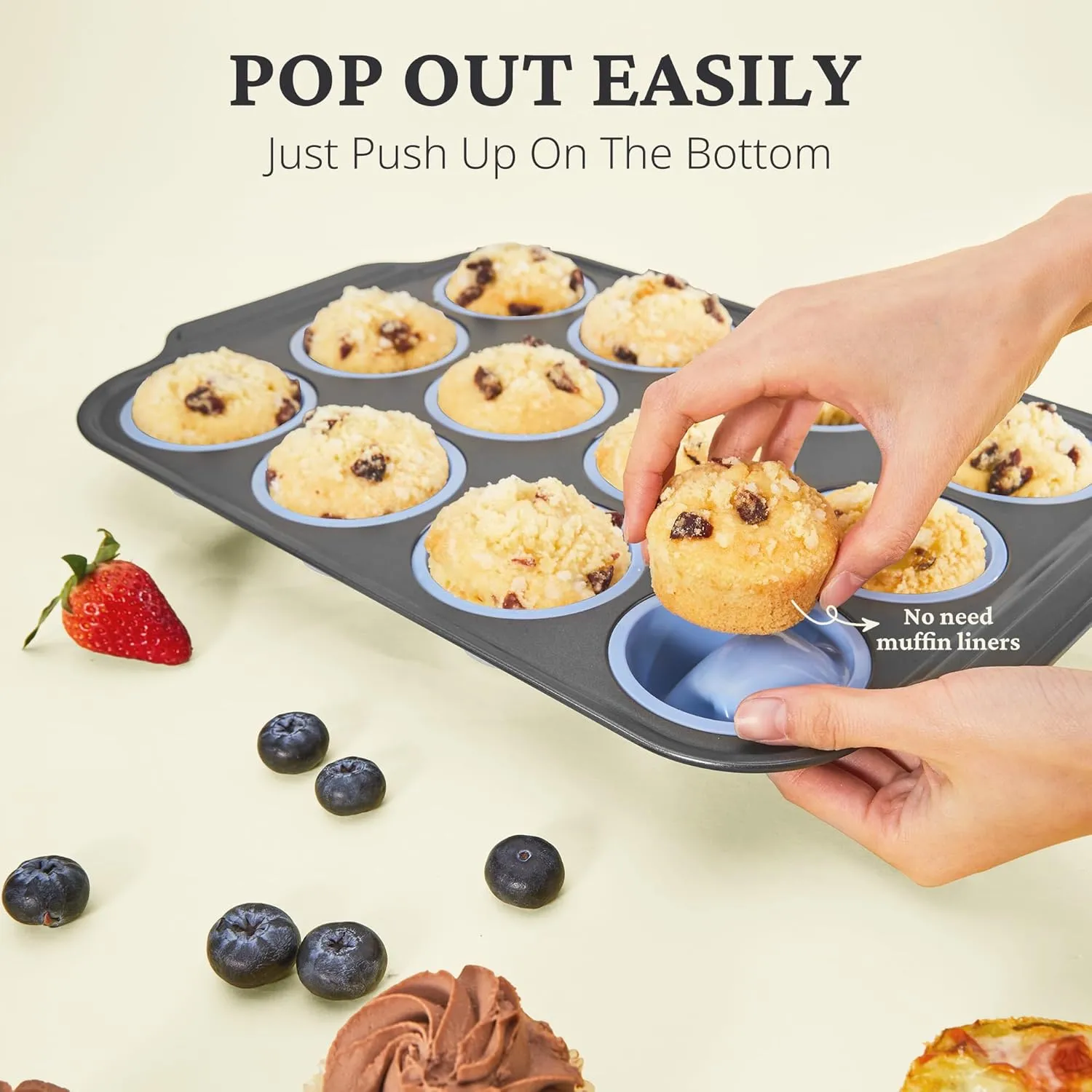 Silicone Muffin Pans for Baking with Metal Frame, Egg Bite Molds, Cupcake Pans 12 Regular Size, Muffin Tins Easy to Pop Nonstick Non Toxic Bakeware for Oven,Blue