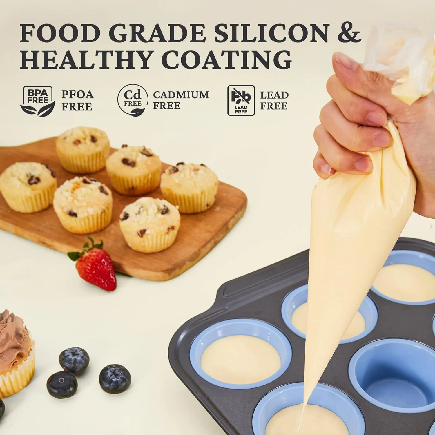Silicone Muffin Pans for Baking with Metal Frame, Egg Bite Molds, Cupcake Pans 12 Regular Size, Muffin Tins Easy to Pop Nonstick Non Toxic Bakeware for Oven,Blue