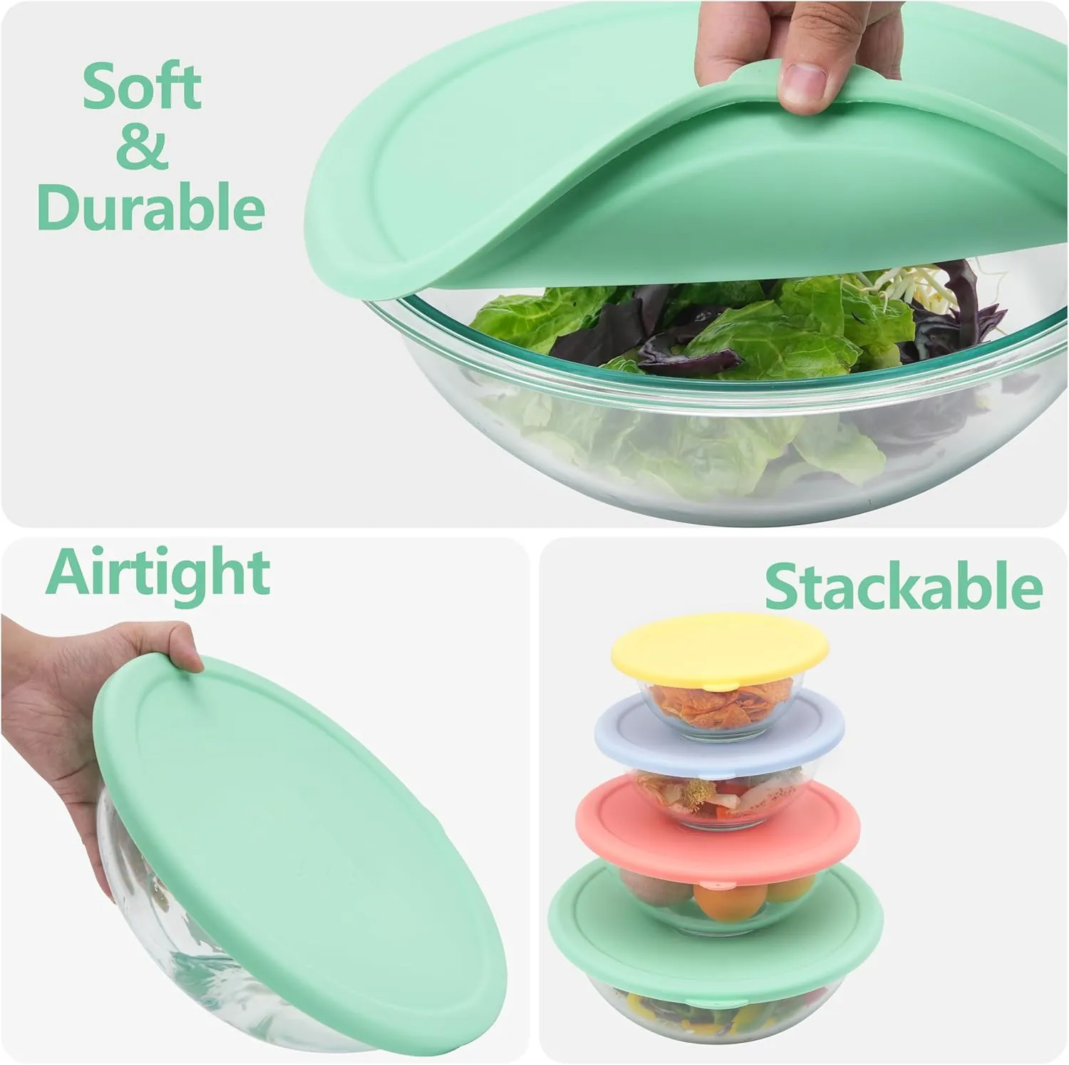 Silicone Replacement Lids Only Fit for Pyrex 322-s 1 Quart | 323-s 1.5 Quart | 325-s 2.5 Quart | 326-s 4 Quart Prepware Glass Mixing Bowls, Dishwasher, Microwave Safe (Bowl not included)- 4 Pack