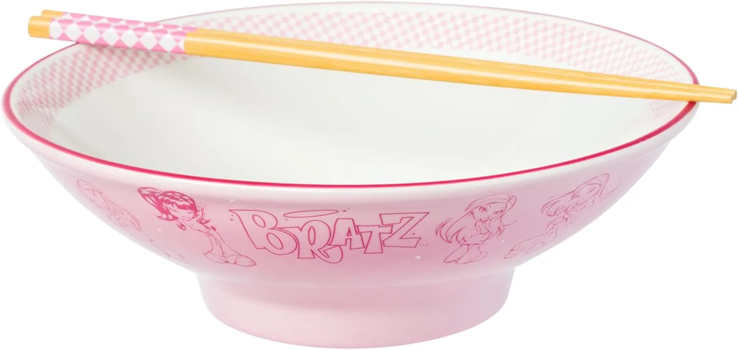 Silver Buffalo Bratz Featuring Cloe, Yasmin, Jade, and Sasha Ceramic Ramen Noodle Rice Bowl with Chopsticks, Microwave Safe, 30 Ounces