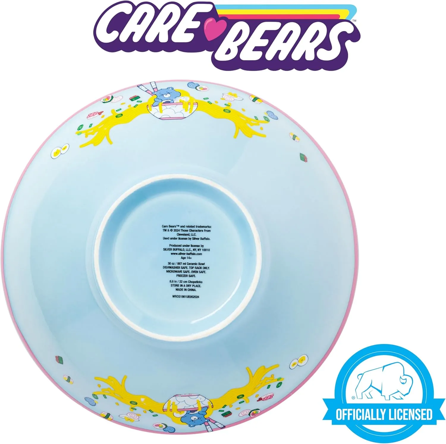 Silver Buffalo Care Bears Grumpy Bear Foodie Eating Sushi and Noodles Ceramic Ramen Noodle Rice Bowl with Chopsticks, Microwave Safe, 30 Ounces