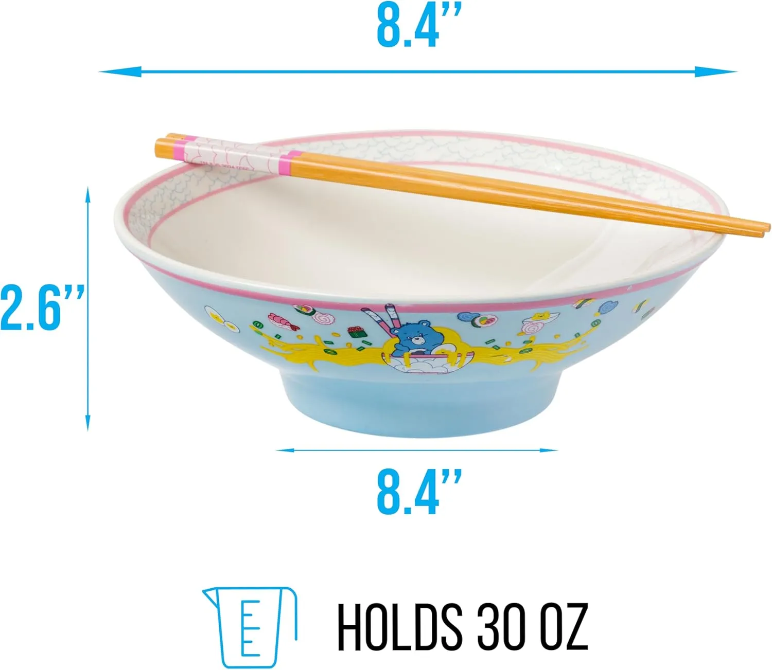 Silver Buffalo Care Bears Grumpy Bear Foodie Eating Sushi and Noodles Ceramic Ramen Noodle Rice Bowl with Chopsticks, Microwave Safe, 30 Ounces